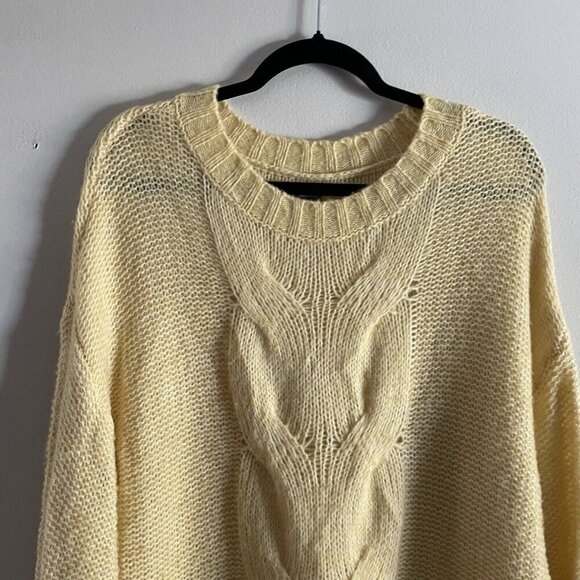 Aerie Wmn M Yellow Wool Blend Crew Neck Happy Place Oversized Cable Knit Sweater - Picture 6 of 11